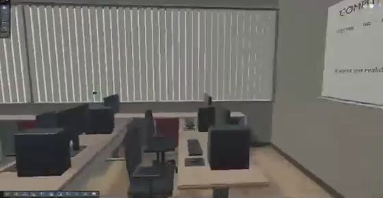 A mesma sala recriada no editor do Unity, com mesas, computadores e persianas.